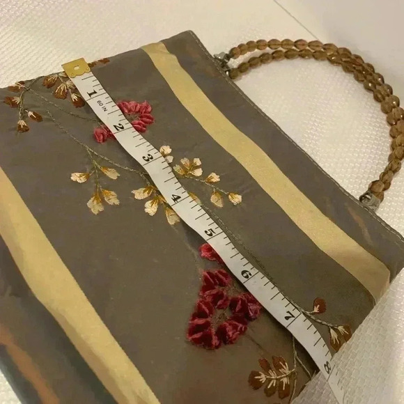 Embroidered Brown Small Handbag Purse Evening Bag Flowers Beaded Handles - Picture 3 of 6